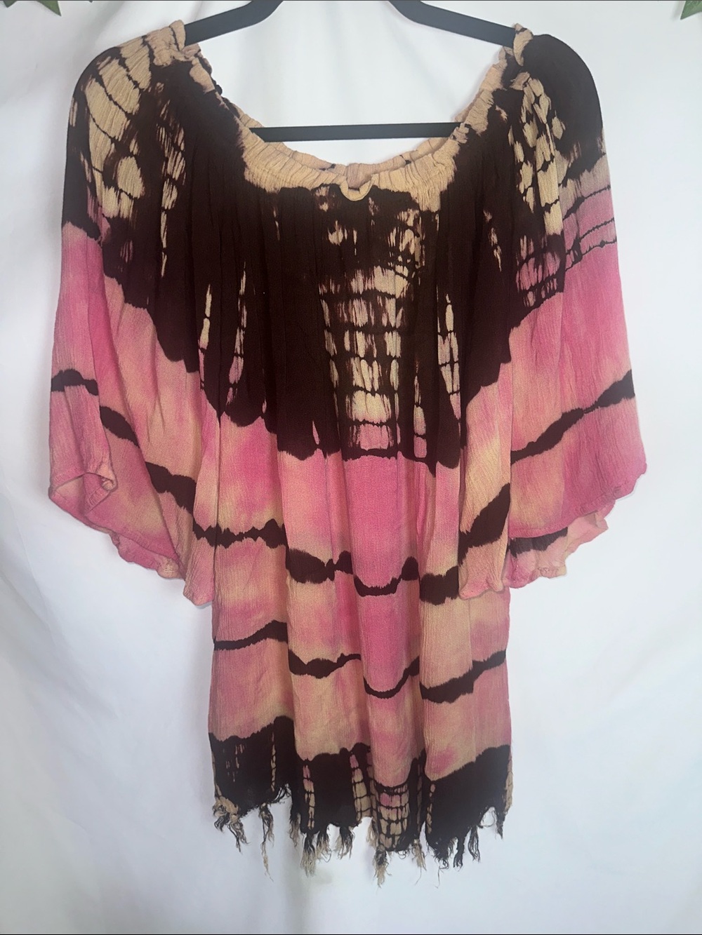 Women's Boho Tie-Dye Off-Shoulder Tunic in Pink, Brown and Cream
